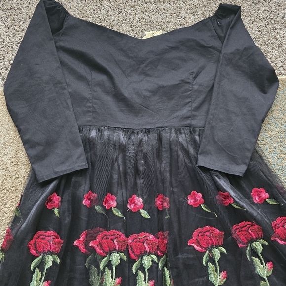 Roiii Off Shoulder Sheer Dress Womens Black & Roses 1950s Whimsgoth New - Picture 14 of 16